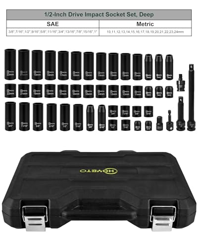 3/8" Drive Impact Socket Set,49 Piece Socket Set, SAE (5/16" to 3/4") and Metric (8–22 mm) Sizes with Deep & Shallow, 6 Point, Cr-V, Extension Bars, Universal Joint, Adapters - style: SS-D38-49PC