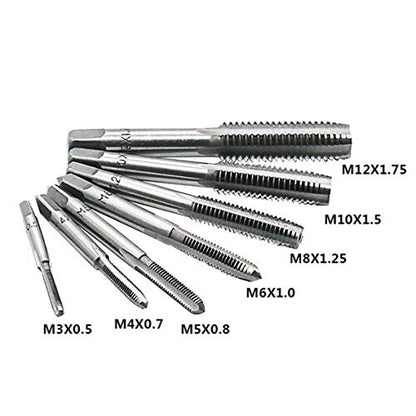 8pcs Metric Thread Machine Taps Set, Hand Screw Thread Plug Taps M3 M4 M5 M6 M8 M10 M12 with Adjustable Tap Wrench 1/16-1/2''