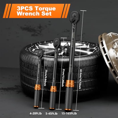 1/4 3/8 1/2-inch Drive Click Torque Wrench, 3Pcs 4-20Ft.lb, 5-45Ft.lb, 15-165Ft.lb Torque Wrench Set with ±3% Accuracy, 72-Tooth, Dual-Direction for Bike, Motorcycle, Car Repair - size: 4-20+5-45+15-165 ft.lb (3 PCS), style: 1/4+3/8+1/2-Inch