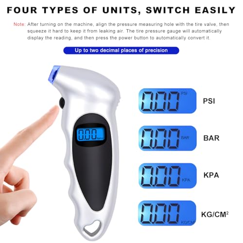 Digital Tire Pressure Gauge, 150PSI 4 Settings High Accuracy Tire Gauge with Backlit LCD and Non-Slip Grip, Easy to Read Air Pressure Gauge for Cars, Trucks and Bicycles (Silver) - color: Silver