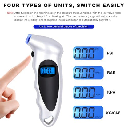 Digital Tire Pressure Gauge, 150PSI 4 Settings High Accuracy Tire Gauge with Backlit LCD and Non-Slip Grip, Easy to Read Air Pressure Gauge for Cars, Trucks and Bicycles (Silver) - color: Silver
