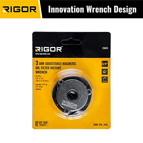 RIGOR 23026 Adjustable Oil Filter Wrench, 3-Jaw Adjustable Magnetic Oil Filter Wrench, 3/8" Drive, 2.4" to 3.6" Range, Include 1/2" F to 3/8" M Drive Adapter