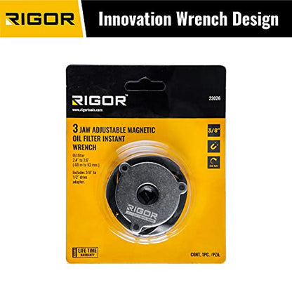 RIGOR 23026 Adjustable Oil Filter Wrench, 3-Jaw Adjustable Magnetic Oil Filter Wrench, 3/8" Drive, 2.4" to 3.6" Range, Include 1/2" F to 3/8" M Drive Adapter
