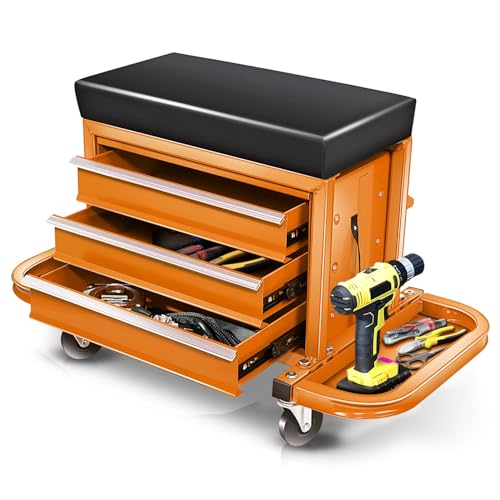 Auto Dynasty 3-Drawer Mechanic Rolling Seat, 350 LBS Capacity Roller Garage Shop Seat with Storage Tool Tray for Workshop, Repair Shop, Warehouse, Orange - color: Orange