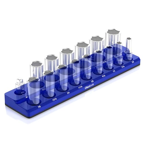 Olsa Tools Magnetic Socket Organizer - 1/2-Inch Drive SAE Socket Holder with Strong Magnets - Professional Tool Holder and Tool Organizer - Holds up to 16 Sockets - Blue - Part: 1296 - color: Blue, Sae, size: 1/2-Inch Drive, SAE
