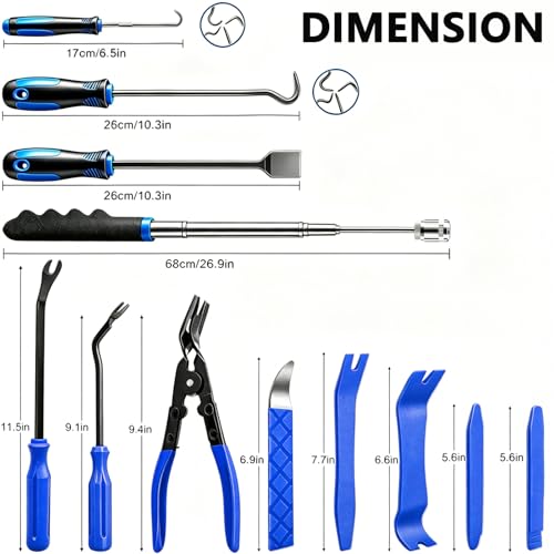 DWH 18 Pcs Precision Pick and Hooks Set, Trim Removal Tool Kit with Scraper Telescoping Magnetic Pickup Tool Panel Clip Plier Fastener Remover, Metal Plastic Trim Tools, Automotive Mechanic Bag, Blue - color: blue