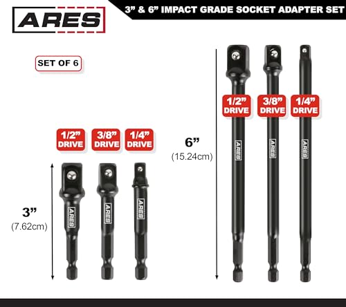 ARES 70382-6-Piece 3-Inch and 6-Inch Impact Grade Socket Adapter Set - Turns Impact Drill Driver into High Speed Socket Driver - 1/4-Inch, 3/8-Inch, and 1/2-Inch Drive Sizes - size: 3-Inch and 6-Inch Socket Adapter