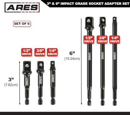 ARES 70382-6-Piece 3-Inch and 6-Inch Impact Grade Socket Adapter Set - Turns Impact Drill Driver into High Speed Socket Driver - 1/4-Inch, 3/8-Inch, and 1/2-Inch Drive Sizes - size: 3-Inch and 6-Inch Socket Adapter