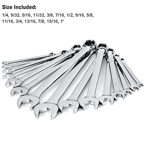 Max Torque 15-Piece Premium Combination Wrench Set, Complete SAE Inch Sizes from 1/4” to 1” with Rack Organizer | Cr-V Steel, Mirror Chrome Finish, Long Pattern, V-Groove Open End and 12-Point Box End - size: Regular (1/4" to 1")