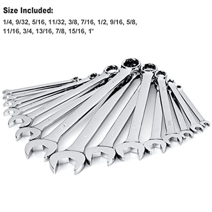 Max Torque 15-Piece Premium Combination Wrench Set, Complete SAE Inch Sizes from 1/4” to 1” with Rack Organizer | Cr-V Steel, Mirror Chrome Finish, Long Pattern, V-Groove Open End and 12-Point Box End - size: Regular (1/4" to 1")