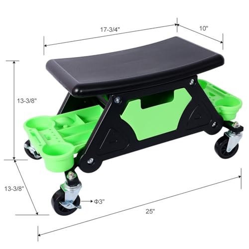 Mechanic Stool, 300 lbs Heavy Duty Rolling Garage Seat with Wheels Tool Storage Trays Drawer, 360° Swivel Creeper Seat for Auto Repair Workshop, Green