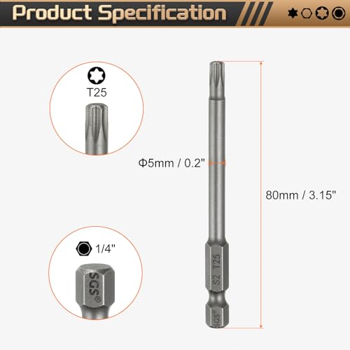 HARFINGTON 5pcs T25 Torx Head Screwdriver Bit 1/4" Hex Shank 3.15" (80mm) Long Magnetic No Hole Tip Tamper Proof 6 Point Star Screw Driver Drill Bits S2 Steel Industrial Power Screwdrivers - size: T25 x 3.15"(80mm)