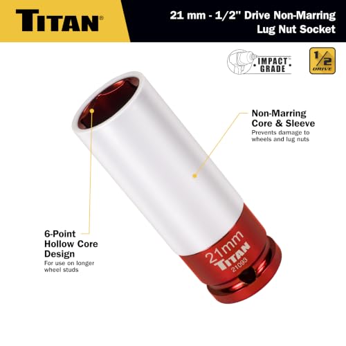 Titan 21093 1/2-Inch Drive x 21mm Non-marring Impact Deep Lug Nut Socket - size: 21mm