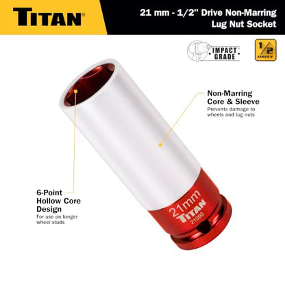 Titan 21093 1/2-Inch Drive x 21mm Non-marring Impact Deep Lug Nut Socket - size: 21mm