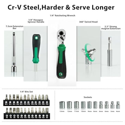 39pcs Mini Ratchet Wrench Set, CR-V Metric Sockets with Quick-Release Ratcheting Wrench, Extension Bar, Spinner Handle & Adapter, Compact Mechanics Tool Set for Car Repair