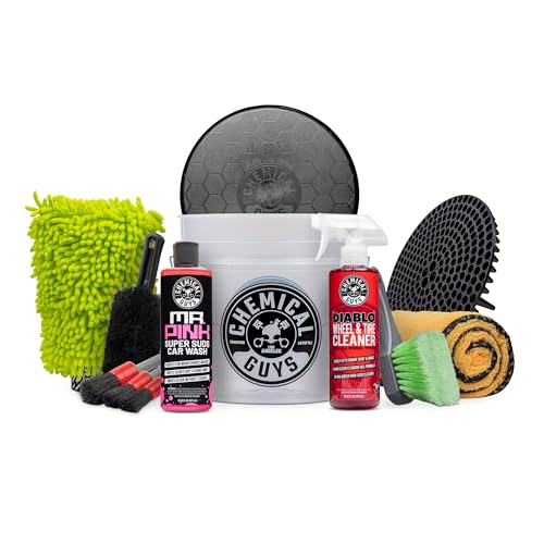 Chemical Guys Car Washing Kit - Mr. Pink Car Wash Soap, Diablo Wheel Cleaner, Wash Bucket with Dirt Trap and Lid, Wash Mitt, Detailing Brushes, Microfiber Towel, 12-Piece