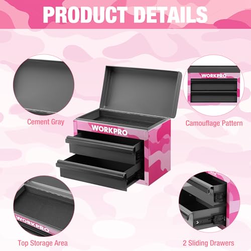 WORKPRO Metal Mini Tool Box with 2 Drawers and Top Storage | Cold Rolled Steel Toolbox, Ball Bearing Slides, PVC Drawer Liners, PP Feet Pads, Durable Storage - color: Pink Camo