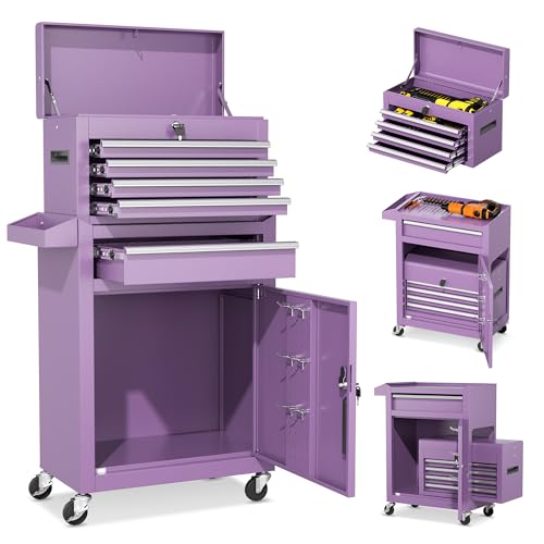 INTERGREAT Purple Tool Chest, 5-Drawer Rolling Storage Cabinet, Detachable Top Tool Box - Lockable Wheels, Garage & Workshop Barbershop Tool Cart - color: Purple, size: 5 Drawers