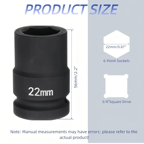 3/4"Drive x 22mm Metric, 6-Point Deep Impact Socket, Axle Nut Impact Socket | 40CR Alloy Steel,Clear labeling, Common Tools for Car Repair/Mechanical Work/Construction/Carpentry and Home Maintenance - size: 22mm