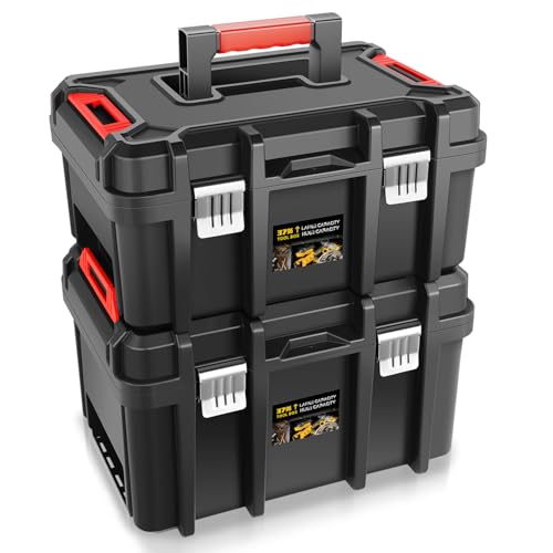 Auto Dynasty 2Pcs Universal Lockable Organizer Storage Tool Boxes with Removable Tray For Garage Workshop and Household, High Capacity, Black/Red - color: Black