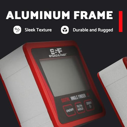 S&F STEAD & FAST Digital Angle Finder Magnetic with Case & Backlit LCD | Self-inverting display, ±0.2° accuracy, Absolute & Relative, Hold & Zero, Auto-off, for Woodworking, Plumbing & Construction - color: Red