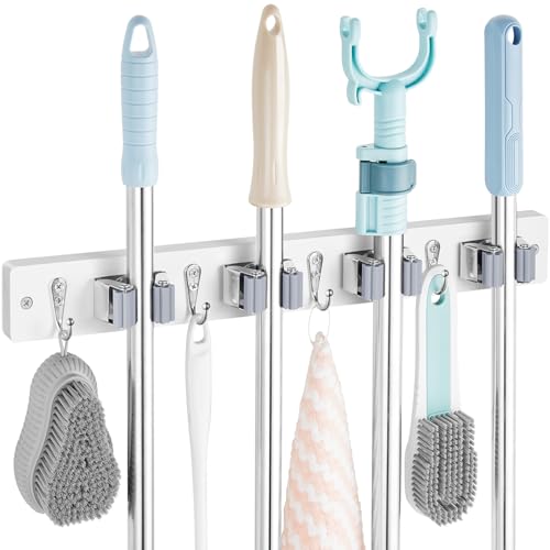OUTNILI White Mop Broom Holder Wall Mount with 4 Slots & 4 Hooks - Wood Broom Mop Hanger for Pantry Closet Laundry Room Organization - Heavy Duty Garden Tool Organizer - White Kitchen Decor - color: White-4 Grips, size: 1 Pack