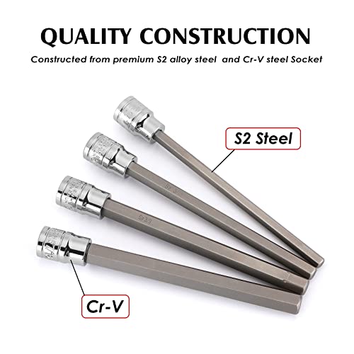 MIXPOWER 3/8 Inch Drive Long Hex Bit Socket Set, 1/16 Inch to 1/2 Inch, SAE, Extra Long Allen Hex Bit Socket Set, CR-V and S2 Steel, 10 Pieces - size: 1/16" - 1/2"