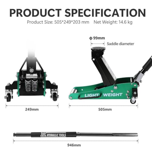 1.5 Ton Hydraulic Low Profile Floor Jack, Aluminum & Steel Car Jack, Dual Pump Quick Lift, 3,000 lb Capacity, Lightweight Portable Garage Jack, Green