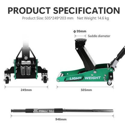 1.5 Ton Hydraulic Low Profile Floor Jack, Aluminum & Steel Car Jack, Dual Pump Quick Lift, 3,000 lb Capacity, Lightweight Portable Garage Jack, Green