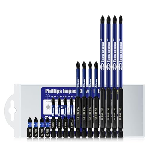Facoow Phillips Impact Driver Bits, #1 Phillips Head Magnetic Screwdriver Bits Set, 1"-6“ S2 Alloy Steel Impact Bits, 1/4" Hex Shank Screwdriver Drill Bit, CNC Machined ph1 Impact Drill Bits,16 Pack - color: Assorted, size: PH1