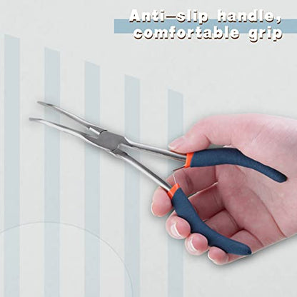 Long Reach Bent Needle Nose Pliers, 7 Inches, Serrated Jaws, PVC Handles, High Carbon Steel, Blue, Jewelry Making, Beading, Handicraft - style: Bent Needle Nose Pliers Serrated Jaws