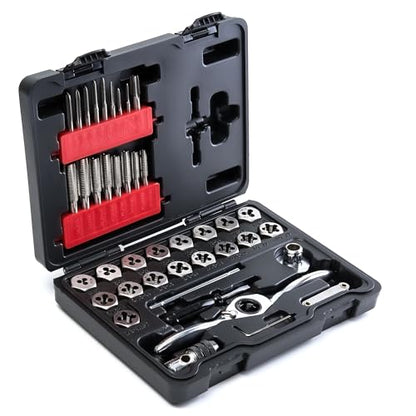 toolant 41pcs SAE Ratcheting Tap and Die Set, Complete Tap, Die, and Handle Kit, Effort-saving Ratcheting Handle, Full Range of SAE Sizes from #4 to 1/2" including UNC, UNF, and 1/8 NPT, Plastic Case - size: 41pcs set