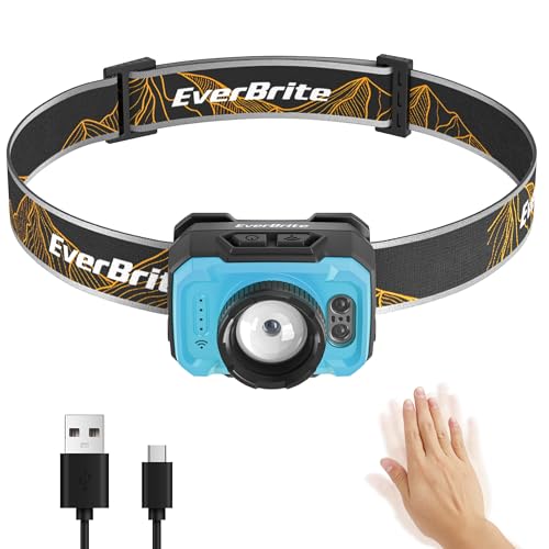 EverBrite 600LM Rechargeable Headlamp, Motion Sensor Head Lamp for Adults | Zoomable Beam, Motion Sensor, Memory Function, 600LM, Rechargeable, 75° Tilt, Spot & Floodlight, Camping, Work, Emergency - color: Aqua Blue