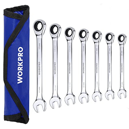 WORKPRO 7-Piece Ratcheting Combination Wrench Set, 72 Teeth, Cr-V Constructed, Combo Ratchet Wrenches Set with Roll Up Pouch, Metric 8mm-17mm - size: Metric