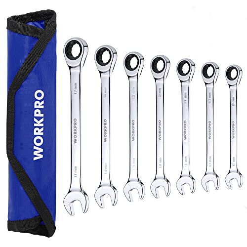 WORKPRO 7-Piece Ratcheting Combination Wrench Set, 72 Teeth, Cr-V Constructed, Combo Ratchet Wrenches Set with Roll Up Pouch, Metric 8mm-17mm - size: Metric