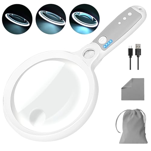 Large Magnifying Glass with 37 LED Light, 10X 20X 45X Handheld Illuminated Lighted Magnifier with 3 Light Modes Rechargeable Magnifying Glass for Seniors Reading, Inspection (White & Grey) - color: White & Grey, size: Magnifier with Light (No Case)