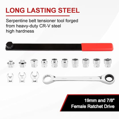 Crizendo15PCS Serpentine Belt Tool Kit, Universal Serpentine Belt Tensioner Tool with 14" Extension Bar & Ratchet Wrench, for Easy Belt Removal and Installation