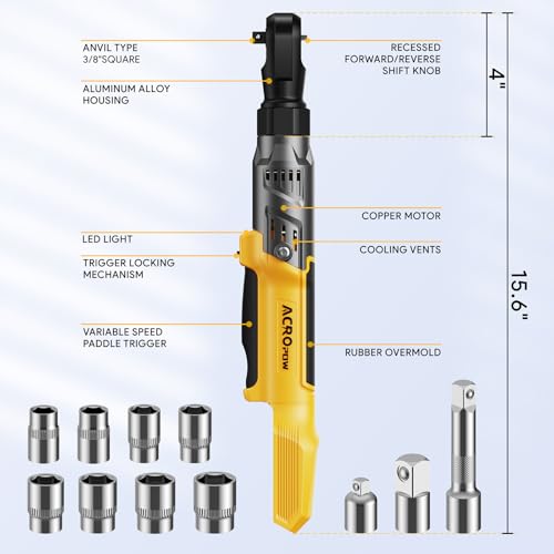 ACROPOW 3/8" Cordless Ratchet Wrench, Compatible with DEWALT 20V Battery, 74Ft-Lbs Brushless Motor Electric Ratchet with Variable Speed, Sockets Set, Adapters and Tool Bag（No Battery and Charger） - size: 13 PCS