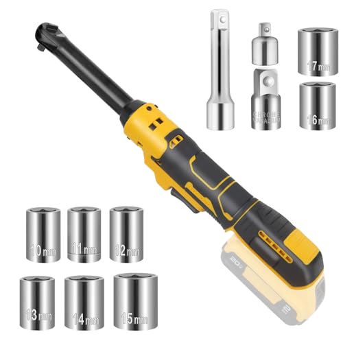 Cordless Ratchet for Dewalt 20V Battery, 20V Ratchet Wrench 3/8" Electric Ratchet 74Ft-Lbs with Reinforced 6.3 inch Head, 1/2" and 1/4" Adapter, 3" Extension Bar (Total 11 ‎Accessories) - color: Yellow