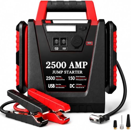 Jump Starter with Air Compressor,2500A Car Battery Jumper Starter 150 PSI Tire Inflator,6 in 1 Auto Lead-Acid Battery Booster Jump Starter for Up to 10.0L Gas or 8.0L Diesel with LED Light - color: 2500A