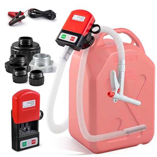 3.8 GPM Fuel Transfer Pump with 5 Adapters | 12V Battery Clip & AA Powered, 79 in Long Hose, Portable, Gas Diesel Oil Compatible, for Cars Boats Lawn Mowers Generators