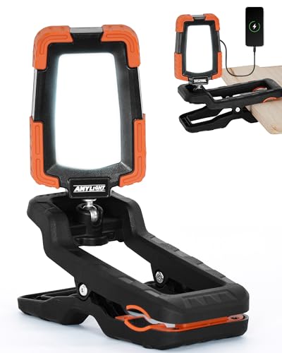 LED Rechargeable Work Light with Clamp,1600LM Magnetic Clip Work Lights with 3 Light Modes, 360° ＆ 115° Rotate Portable Clamp Work Light, IP65 Waterproof for Car Repairing, Job Site, Workshop