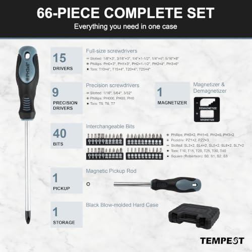 TEMPEST 66-Piece Magnetic Screwdriver Set, Household Tool Kit with CR-V Steel, Precision & Full-Size Drivers, Magnetizer & Demagnetizer, Durable Storage Case for DIY Repairs, Furniture & Appliances