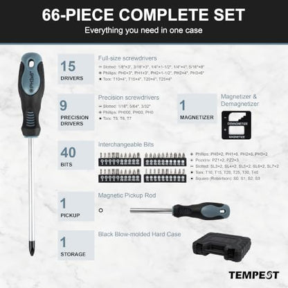 TEMPEST 66-Piece Magnetic Screwdriver Set, Household Tool Kit with CR-V Steel, Precision & Full-Size Drivers, Magnetizer & Demagnetizer, Durable Storage Case for DIY Repairs, Furniture & Appliances