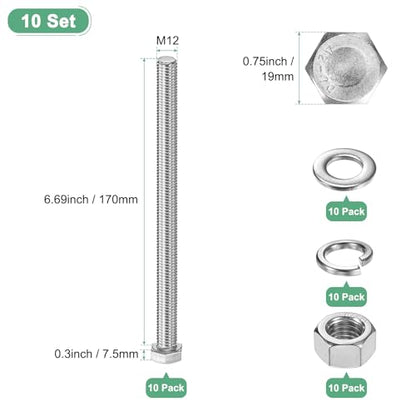 M METERXITY 10-Pack Hex Head Screw Bolt with Nuts Flat & Lock Washers M12x170mm Stainless Steel Bolts and Nuts Kit Fully Threaded Metric Bolt Assortment for Equipment/Machinery - size: M12x170mm