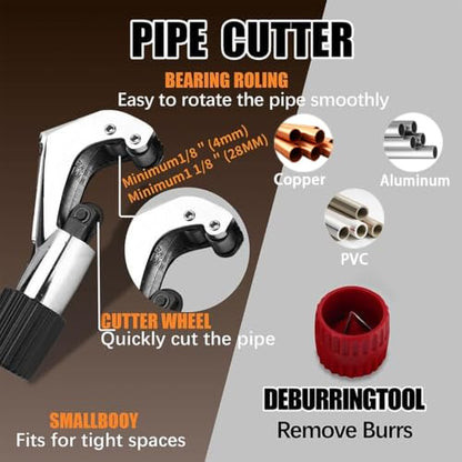 Flaring Tool Kit, Flare Tool HVAC, Copper Pipe Flaring Tool | 1/4''-3/4'' and 6-19mm 45° Eccentric Single Flare Tool with Tubing Cutter. For HVAC, Air Heaters, Refrigerators Maintenance - color: 5-Piece Set