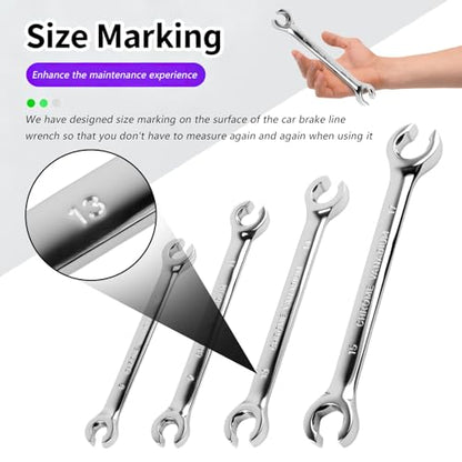 4PCS Carbon Steel Brake Line Wrench Set with 8mm/10mm/9mm/11mm/13mm/14mm/15 mm/17mm,Double-ended Offset Flare Nut Wrench Set for Detaching Nuts,Metric Flare Wrenches Sets for Car