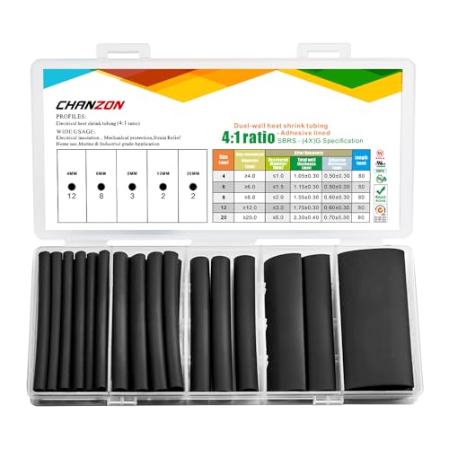 Chanzon UL Listed Extra Long 80mm Heat Shrink Tubing Assorted Kit 4:1 Ratio Marine Grade Waterproof Adhesive Lined 5 Sizes (4mm - 20mm diam) Black Sleeving Wrap Shrinking 4 to 1 Assortment 27 pcs