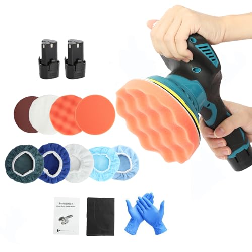 12V Polisher 5000RPM Mini Buffer Polisher Kit with 2 Pack Rechargeable Batteries,6 Variable Speed Orbital Polisher for Car Boat Detailing, Polishing,Scratch Removing