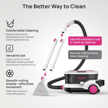 WECLEAN C4 Portable Carpet Cleaner Machine, Stand Up Upholstery Cleaner with 18KPa Powerful Suction, 800W Spot Cleaner for Pet Stains, Carpet, Rug, Couch and Car Interior, Dual Tank System, Pink - color: Pink